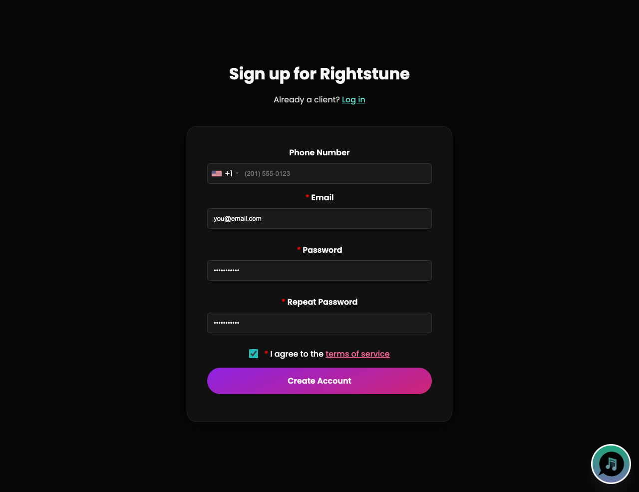 Rightstune signup form with phone, email, password, and terms checkbox