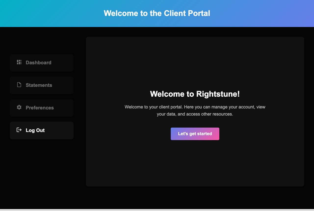 Client portal welcome screen with Let’s get started button