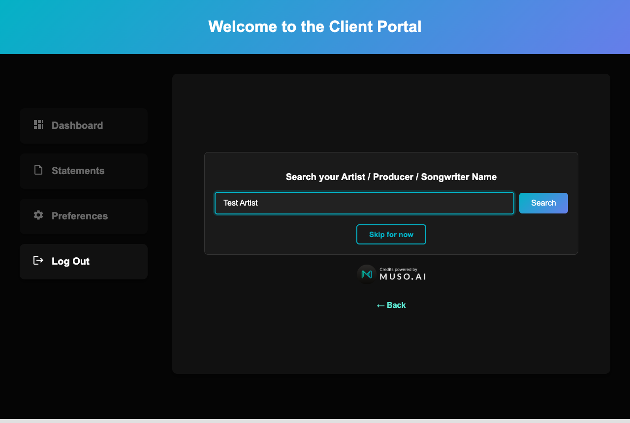 Onboarding step to search your artist, producer, or songwriter name