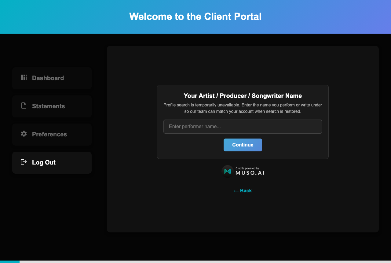 Onboarding step to enter your artist, producer, or songwriter name