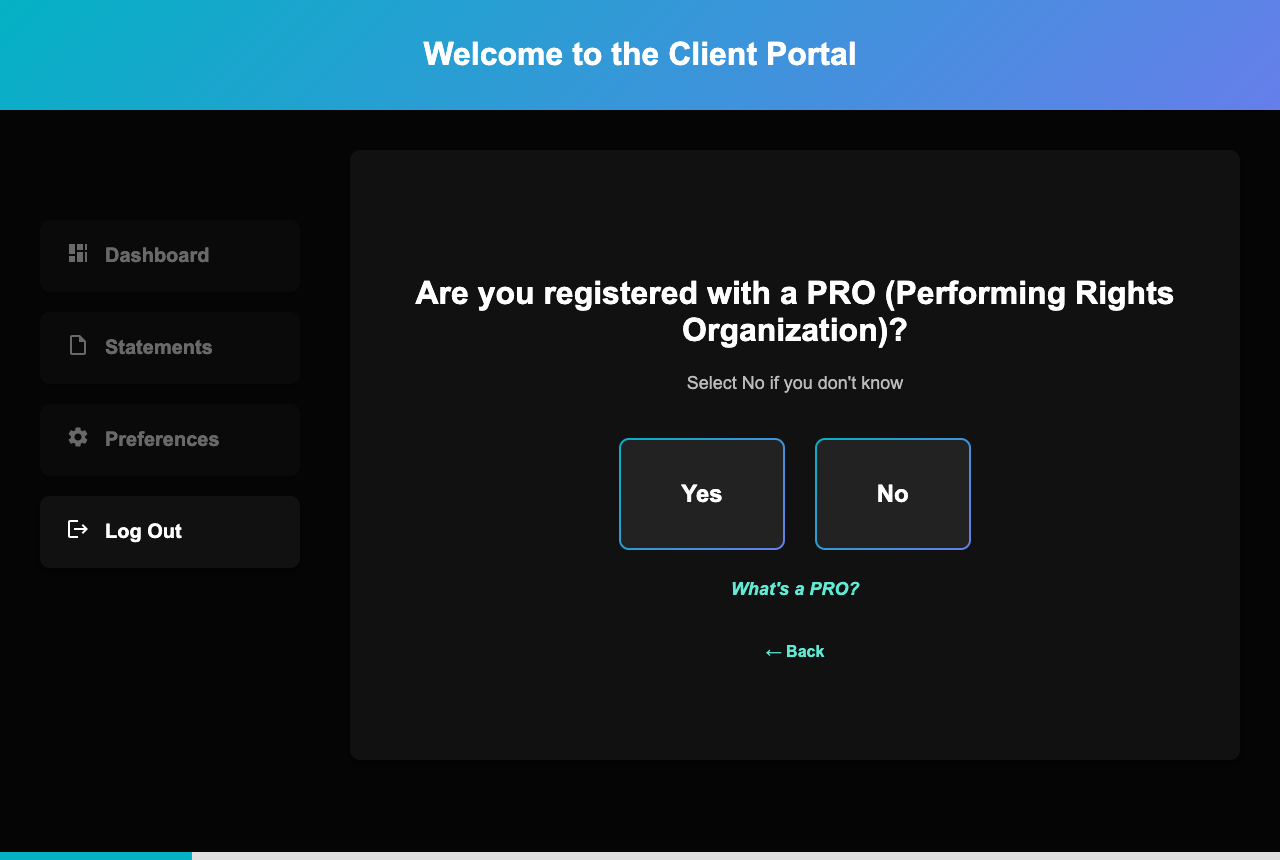 Onboarding question asking if you are registered with a PRO, with Yes and No
