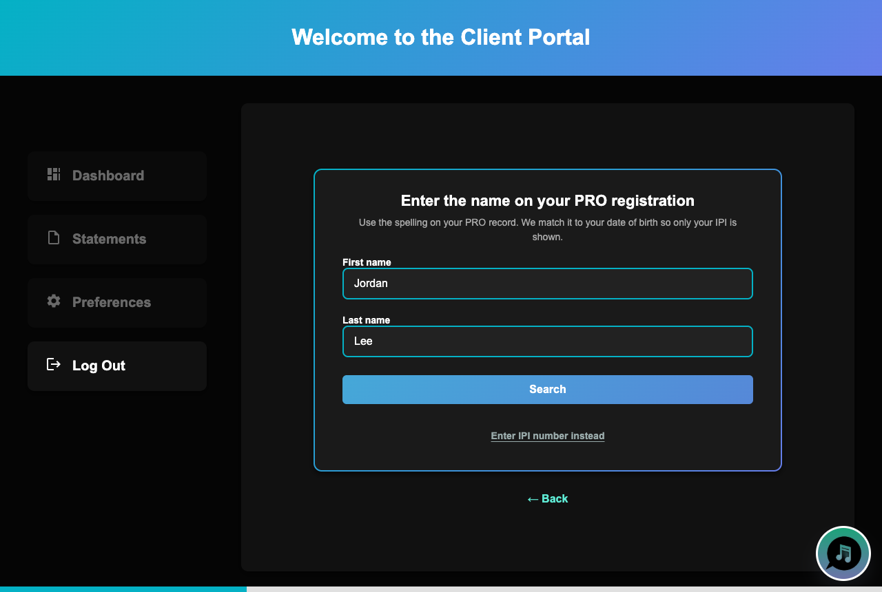 Form to enter first and last name exactly as they appear on the PRO registration
