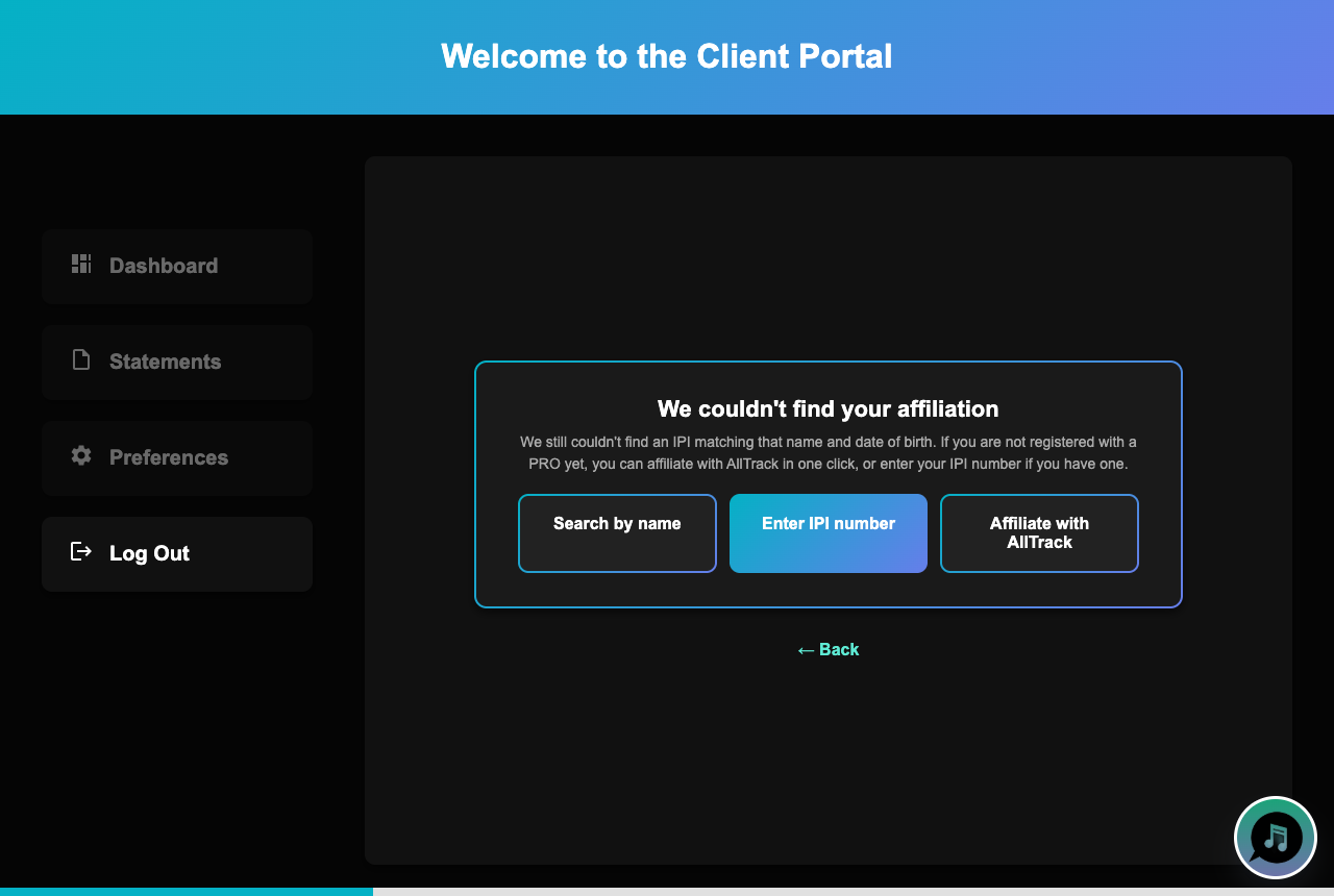 Fallback after no IPI match, with Search by name, Enter IPI number, and Affiliate with AllTrack options