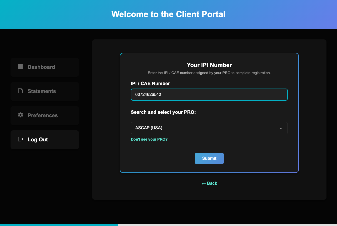 Onboarding form with IPI number filled in and ASCAP selected as PRO
