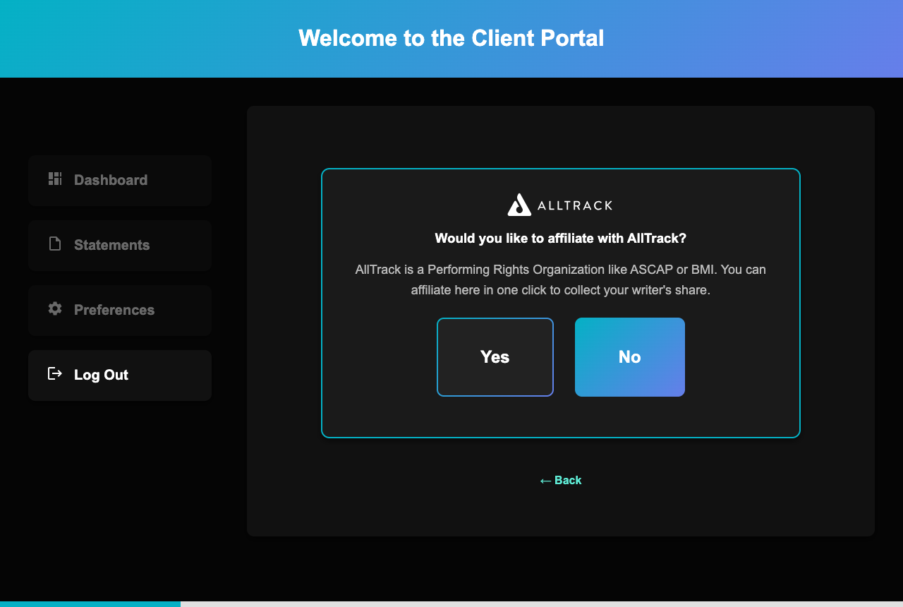 Onboarding question asking if you would like to affiliate with AllTrack, with Yes and No