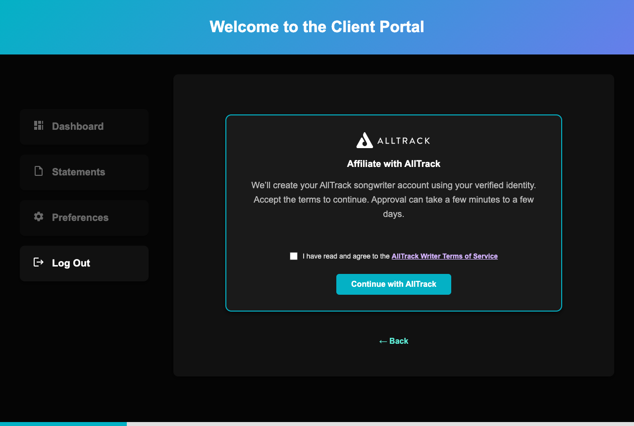 AllTrack affiliation form with terms checkbox and Continue with AllTrack button