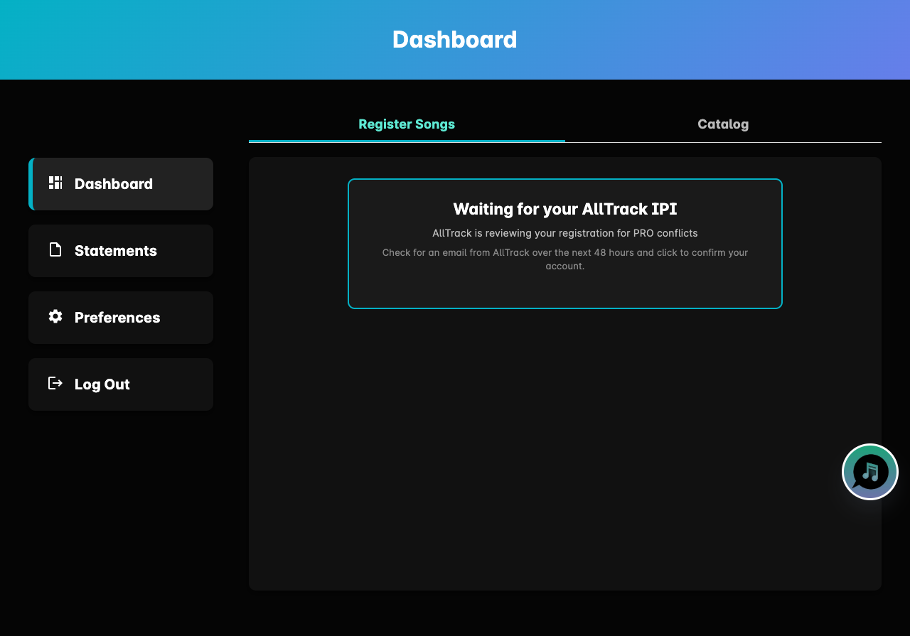 Dashboard waiting for an AllTrack IPI while the registration is under review