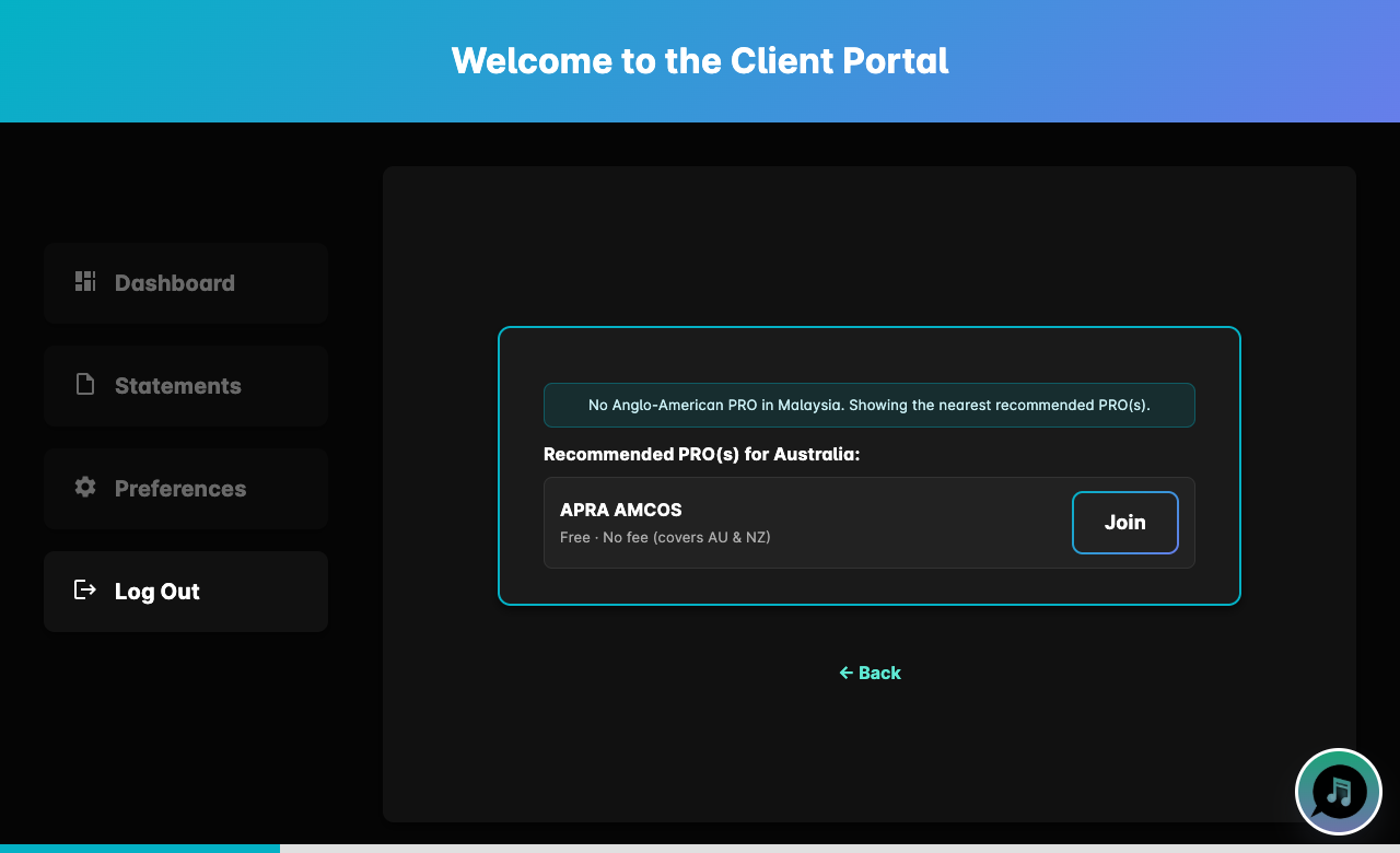 Nearest recommended PRO when AllTrack is not listed, showing APRA AMCOS