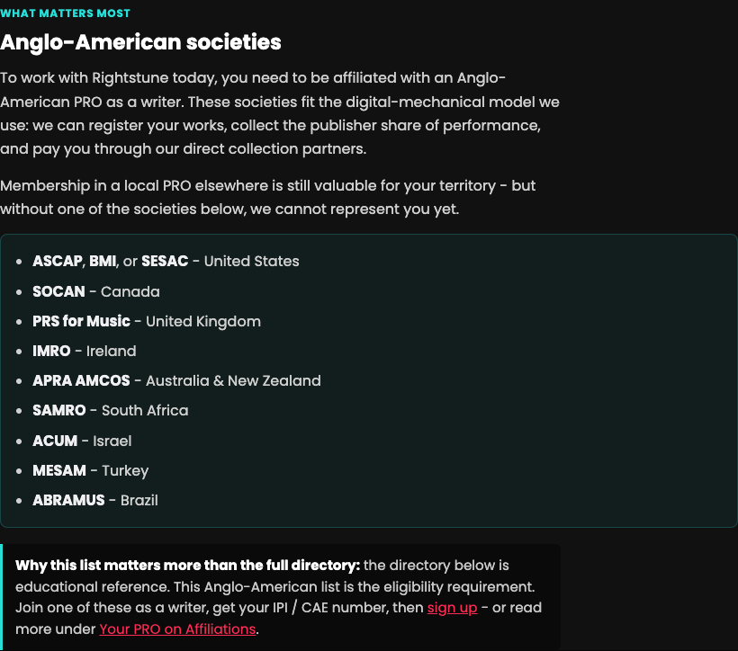 Rightstune PRO directory listing Anglo-American performing rights organizations