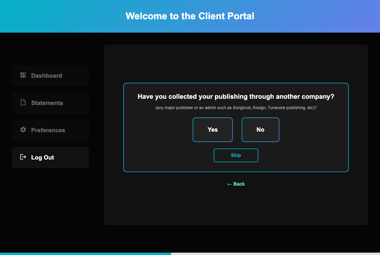 Question asking whether you collected publishing through another company, with Yes, No, and Skip