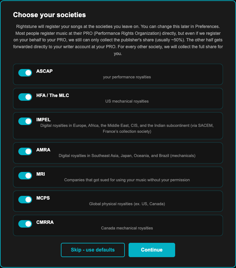 Onboarding society preferences with toggles for collection societies