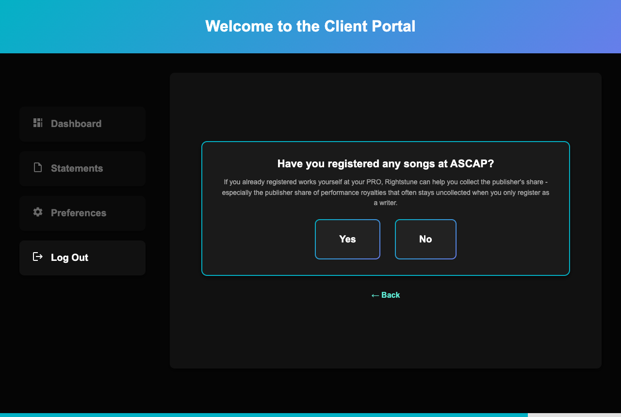 Onboarding question asking if you registered songs at your writer PRO