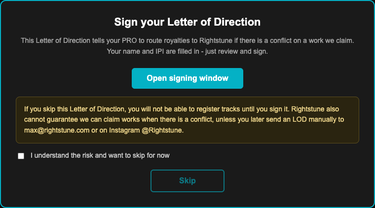 Letter of Direction signing step with Open signing window button
